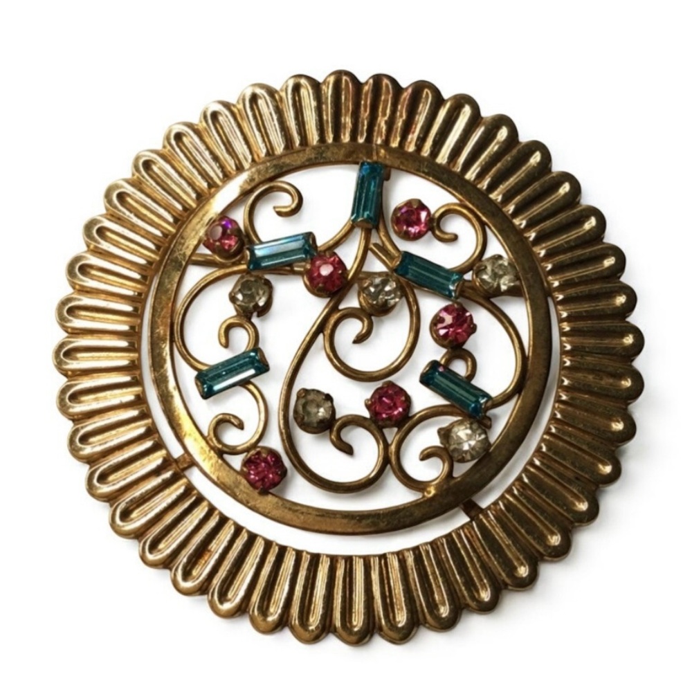Vtg REGEL 1/20 12K Gold-Filled Filigree Brooch - Multicolor Rhinestones - Rare - Picture 5 of 11